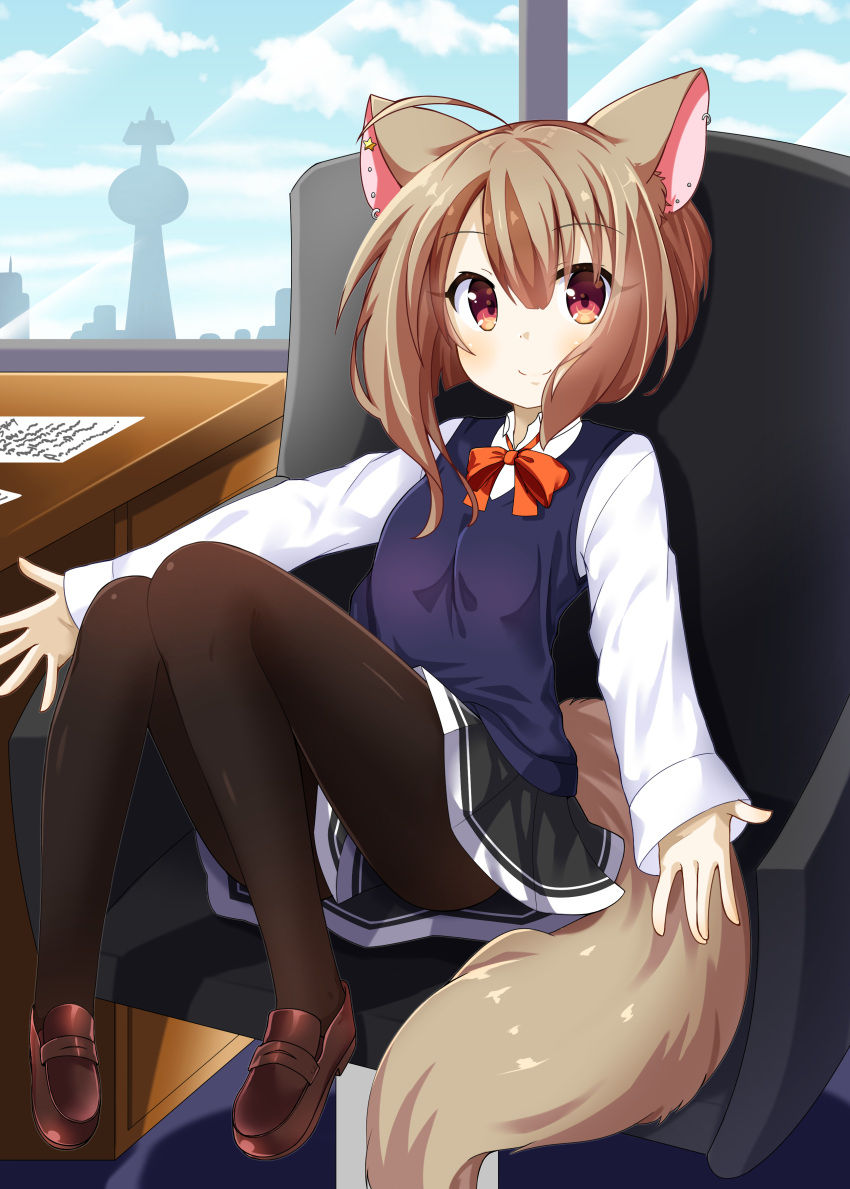 1girl, absurdres, animal_ears, black_legwear, bow, bowtie, brown_hair, chaakusu