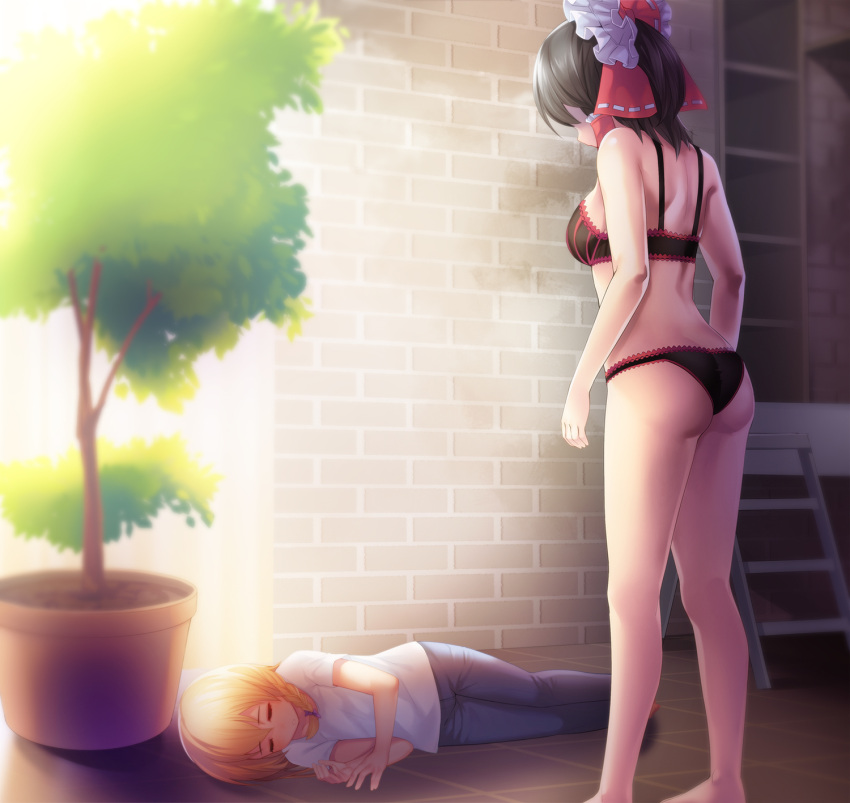 1boy, 1girl, =_=, ass, barefoot, black_bra, black_hair, black_panties