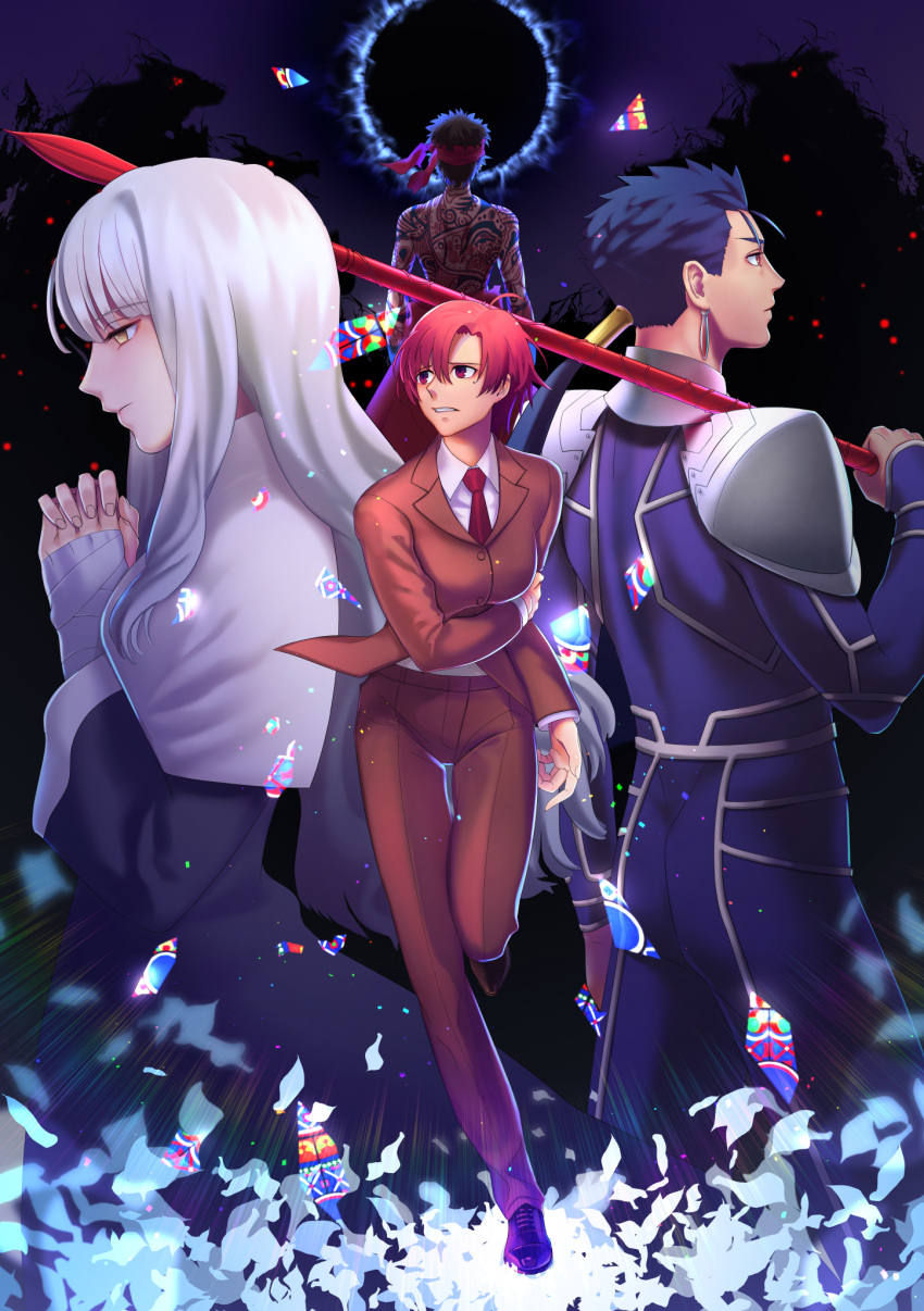 2boys, 2girls, avenger, bazett_fraga_mcremitz, black_hair, blue_bodysuit, blue_hair, bodysuit