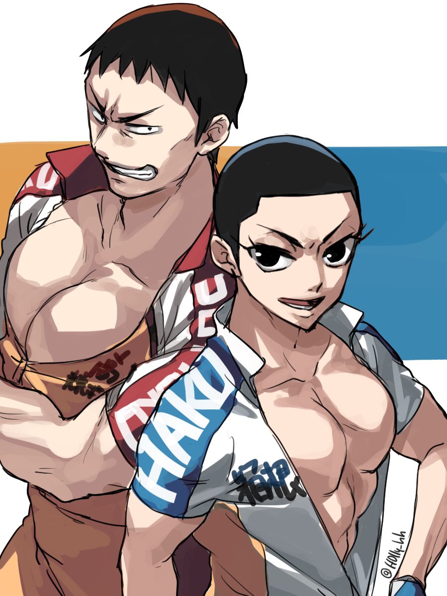 2boys, bike_jersey, black_eyes, black_hair, clenched_teeth, crossed_arms, eyelashes, gloves