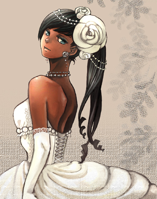 blue_eyes, bride, corset, dark_skin, dress, earrings, flower, gloves, hair_ornament, jewelry, noja, original, pearl, pearls, ponytail, rose, roses, wedding_dress, white_rose