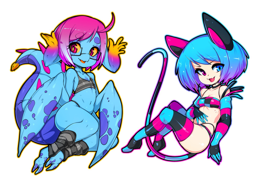 2girls, :d, ahoge, animal_ears, blue_eyes, blue_hair, blue_skin, breasts