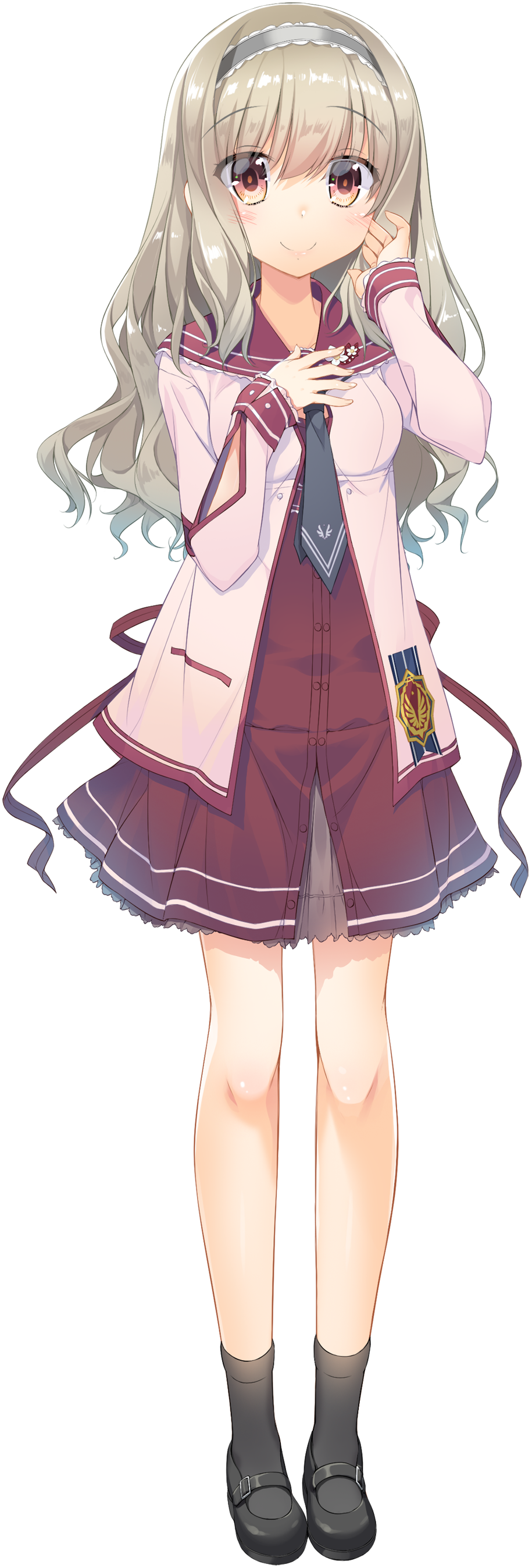 1girl, absurdres, black_footwear, black_legwear, blush, eyebrows_visible_through_hair, full_body, gotou_nao, hairband, hand_on_own_cheek, hand_on_own_chest, highres, kimi_to_tsunagaru_koi_flag, light_brown_hair, long_hair, long_sleeves, mary_janes, official_art, red_eyes, school_uniform, shoes, skirt, smile, solo, standing, transparent_background