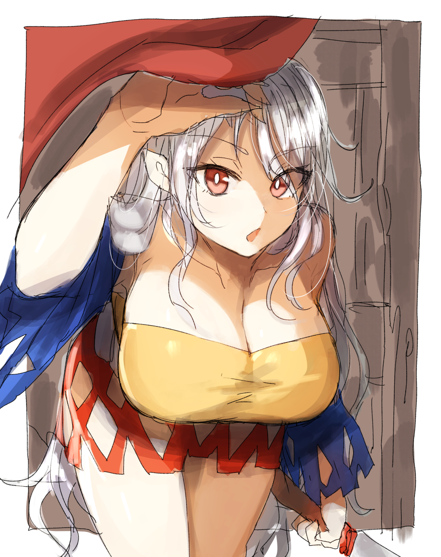 1girl, arm_at_side, bangs, bare_shoulders, breasts, cleavage, collarbone, cowboy_shot