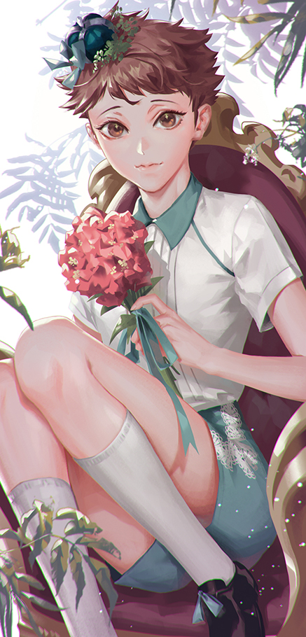 1boy, aqua_shorts, black_footwear, bouquet, brown_eyes, brown_hair, chair, crown