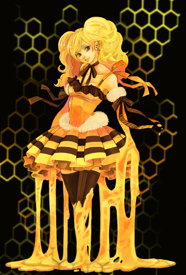 bee, bee_costume, beehive, black_background, black_legwear, blonde_hair, dress, earrings