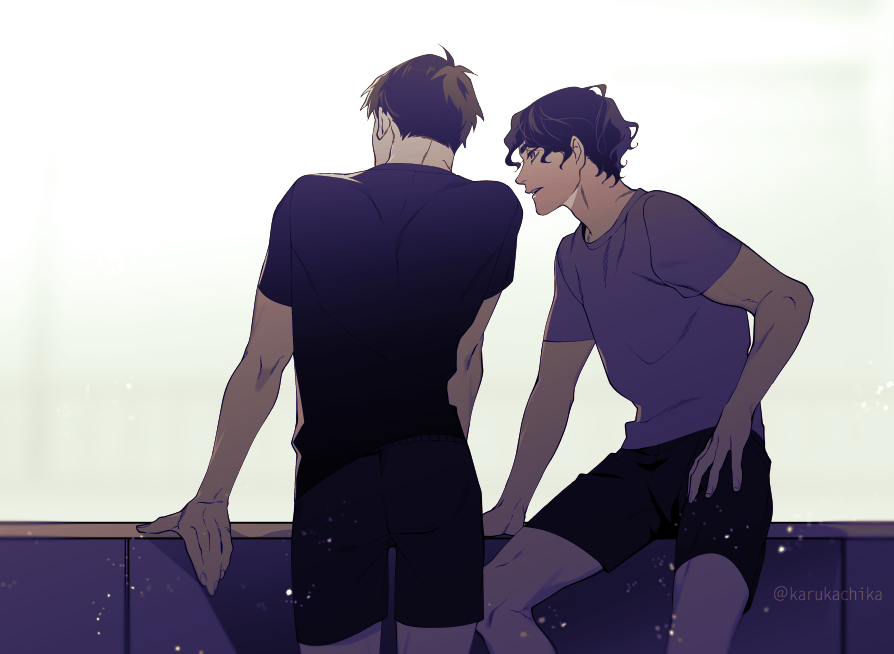 2boys, artist_name, brown_hair, facing_away, haikyuu!!, karukachika, looking_at_another, male_focus