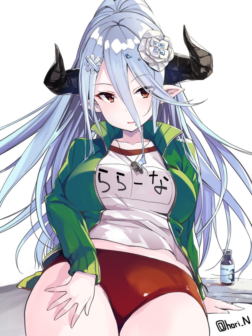 1girl, alternate_costume, blue_hair, bottle, breasts, buruma, draph, flower