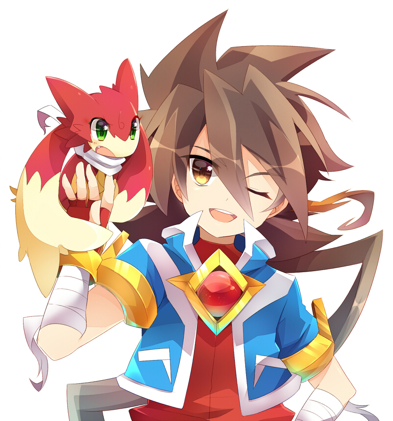 2boys, ;d, bandage, bandaged_arm, blue_jacket, brown_eyes, brown_hair, dragon, fingerless_gloves, gloves, green_eyes, hand_on_hip, ichibanboshi_no_rei, jacket, looking_at_viewer, mugen_(battle_spirits), multiple_boys, one_eye_closed, open_mouth, red_gloves, red_shirt, rento_(rukeai), saikyou_ginga_ultimate_zero_~battle_spirits~, scarf, shirt, short_sleeves, smile, white_scarf