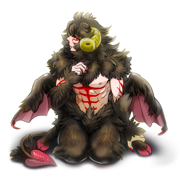 1boy, abs, black_hair, body_markings, fingernails, fur, goat_horns, horns
