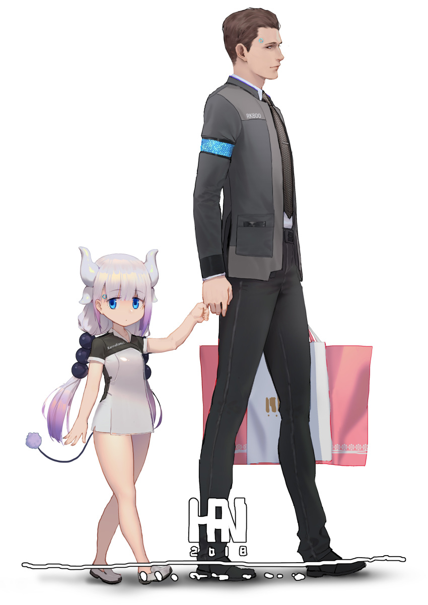 1boy, 1girl, absurdres, android, beads, brown_eyes, brown_hair, connor_(rk800), crossover, detroit_become_human, dragon_horns, dragon_tail, expressionless, eyebrows_visible_through_hair, gradient_hair, hair_beads, hair_ornament, han-0v0, highres, holding_finger, horns, jacket, kanna_kamui, kobayashi-san_chi_no_maidragon, lavender_hair, looking_at_another, looking_at_viewer, low_twintails, multicolored_hair, necktie, tail, twintails, walking, white_background