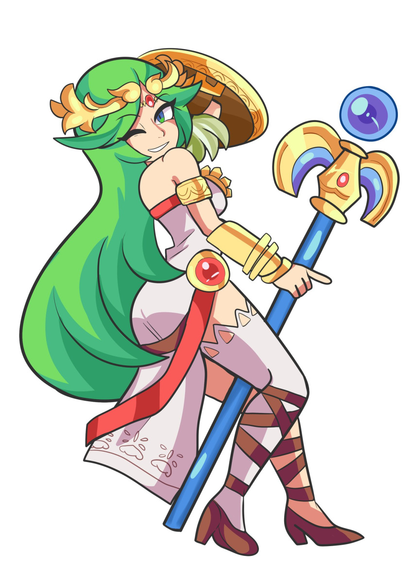 1girl, bbycheese, green_eyes, green_hair, kid_icarus, nintendo, palutena, solo, wink