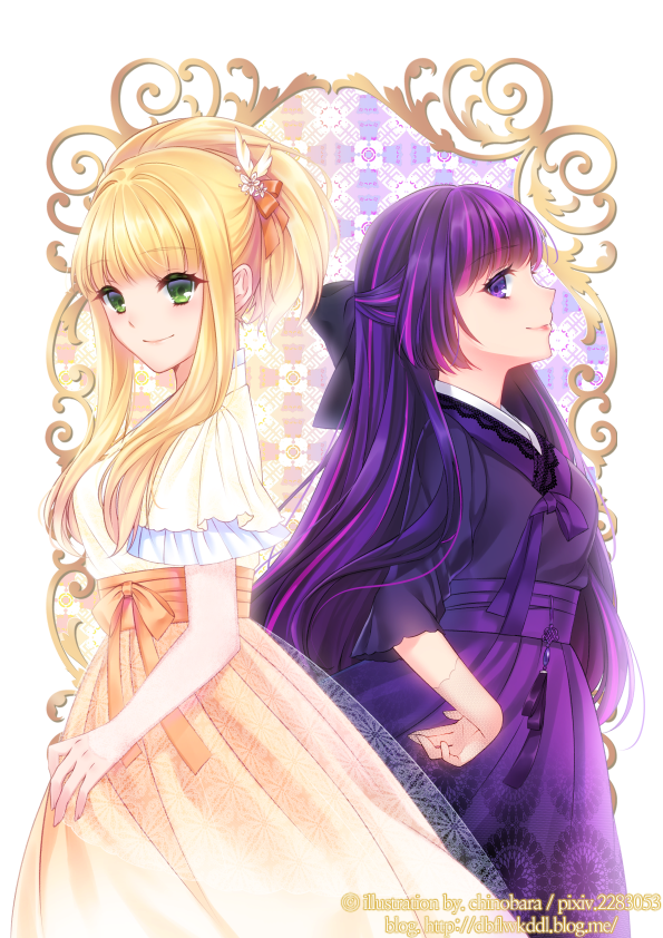 2girls, black_bow, blonde_hair, bow, chinobara, dress, elisabeth_von_wettin, green_eyes