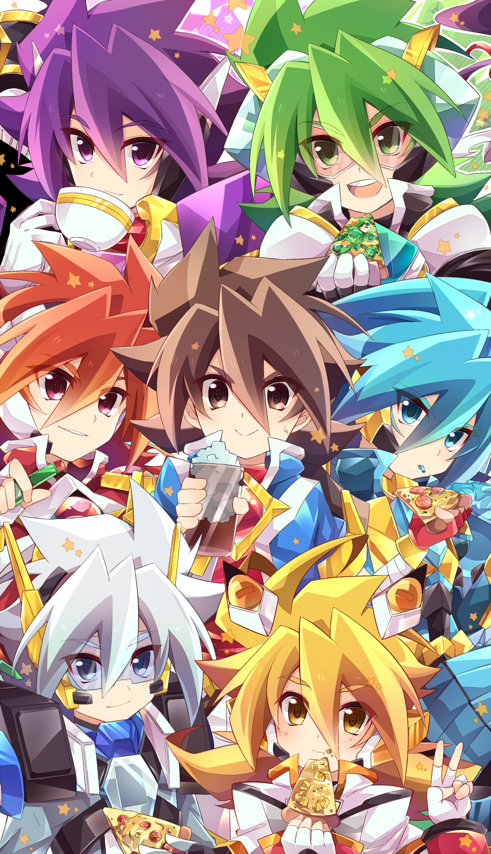 6+boys, :d, armor, black_gloves, blonde_hair, blue_eyes, blue_hair, blue_jacket
