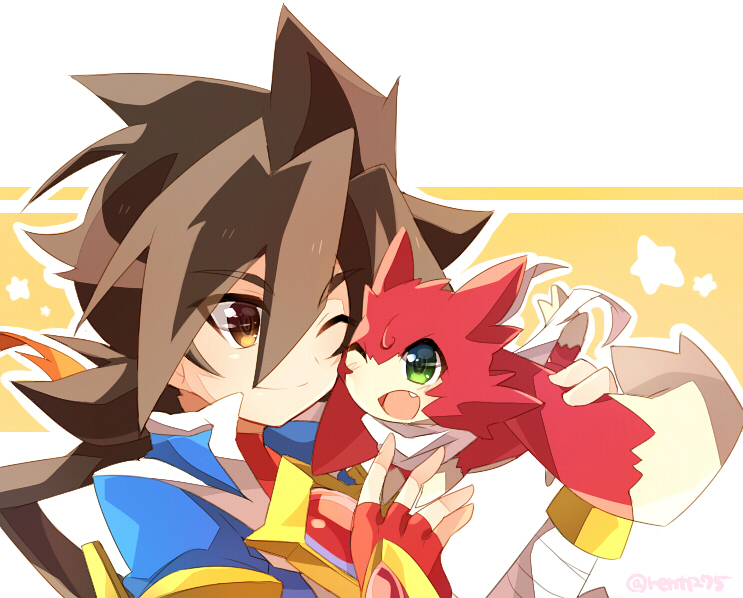 2boys, ;), ;d, bandage, bandaged_arm, blue_coat, brown_eyes, brown_hair