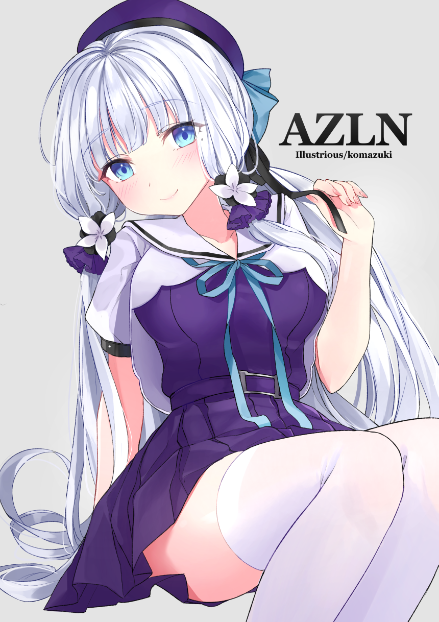 1girl, alternate_costume, aqua_neckwear, arm_support, artist_name, azur_lane, bangs, belt