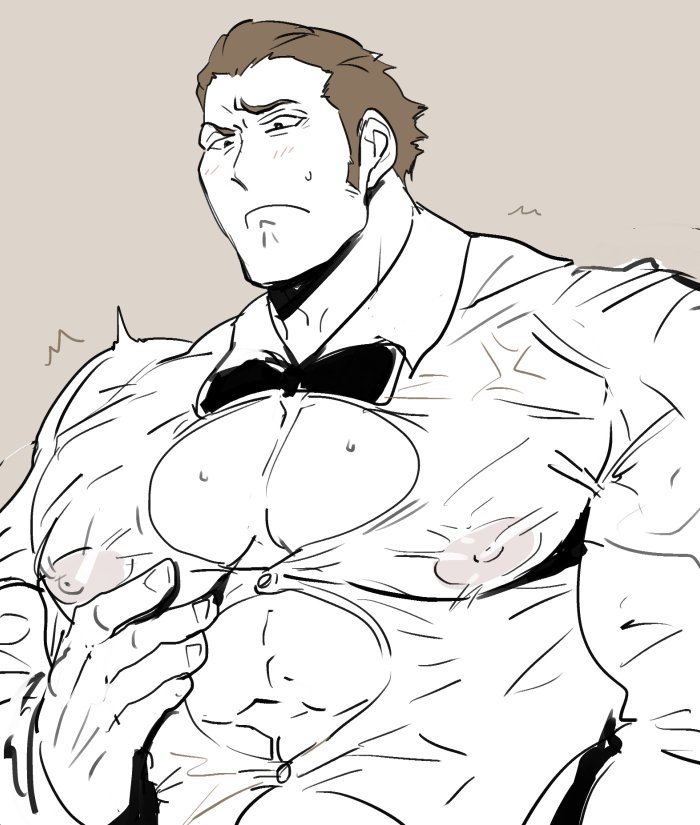 1boy, bara, black_neckwear, bow, bowtie, breasts, brown_hair, bursting_breasts