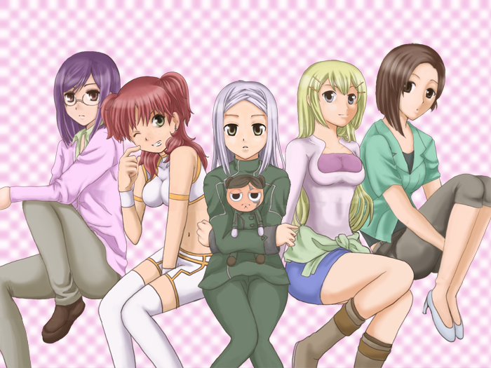 bike_shorts, blonde_hair, blue_eyes, boots, brown_hair, capri_pants, casual, checkered