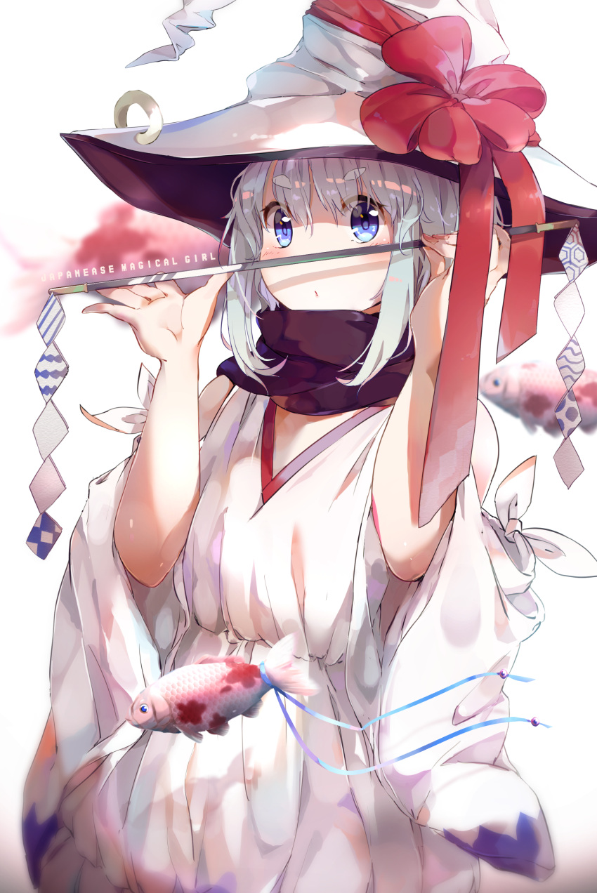 1girl, absurdres, bangs, black_scarf, blue_eyes, blush, commentary_request, detached_sleeves, dress, english, fish, flower, flower_knot, hands_up, hat, hat_flower, hat_ribbon, hat_ring, highres, holding, holding_wand, looking_at_viewer, nail_polish, original, pink_nails, red_flower, ribbon, scarf, shide, sidelocks, solo, soranagi_yuki, tied_sleeves, wand, white_dress, white_hair, white_hat, wide_sleeves, witch, witch_hat