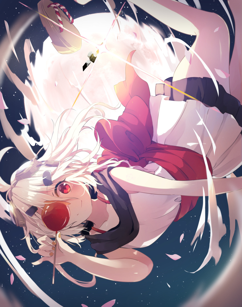 1girl, absurdres, ahoge, back_bow, blonde_hair, bow, bra_strap, candy_apple