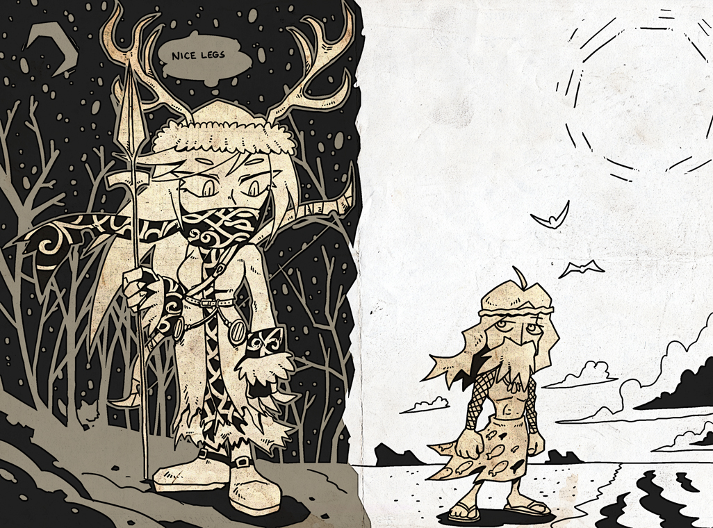 1boy, 1girl, ahoge, antlers, beard, bird, boots, commentary