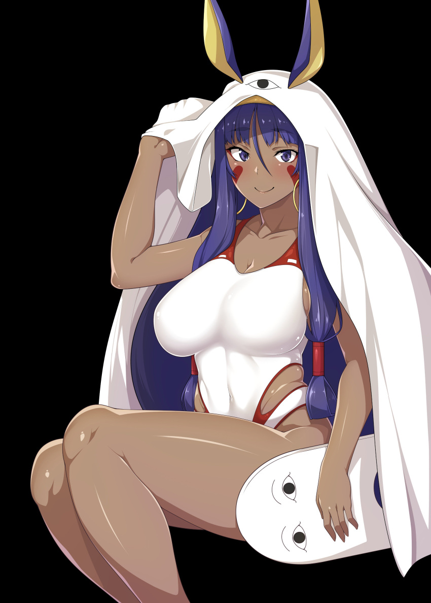 <o>_<o>, 1girl, absurdres, animal_ears, ao_banana, bangs, black_background, blanket, blunt_bangs, blush, breasts, cleavage, closed_mouth, collarbone, cosplay, covered_navel, dark_skin, earrings, eyebrows_visible_through_hair, facepaint, facial_mark, fate/grand_order, fate_(series), hair_between_eyes, hair_tubes, hairband, hand_up, highleg, highleg_swimsuit, highres, hoop_earrings, jackal_ears, jewelry, kickboard, large_breasts, long_hair, looking_at_viewer, low-tied_long_hair, medjed, medjed_(cosplay), nitocris_(fate/grand_order), nitocris_(swimsuit_assassin)_(fate), one-piece_swimsuit, purple_hair, sidelocks, simple_background, sitting, smile, solo, swimsuit, thighs, very_long_hair, violet_eyes, waist, white_swimsuit