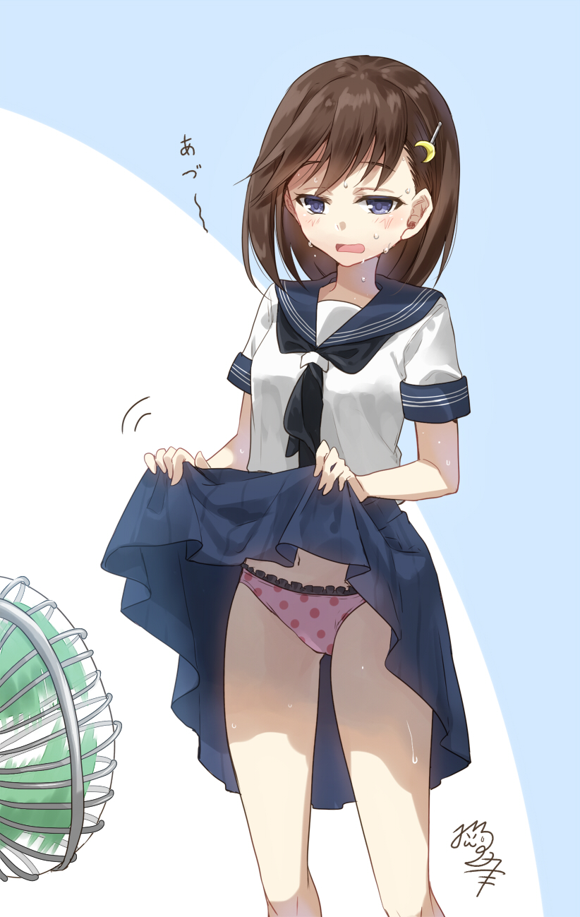 1girl, black_neckwear, blue_eyes, brown_hair, commentary_request, crescent, crescent_hair_ornament, dripping