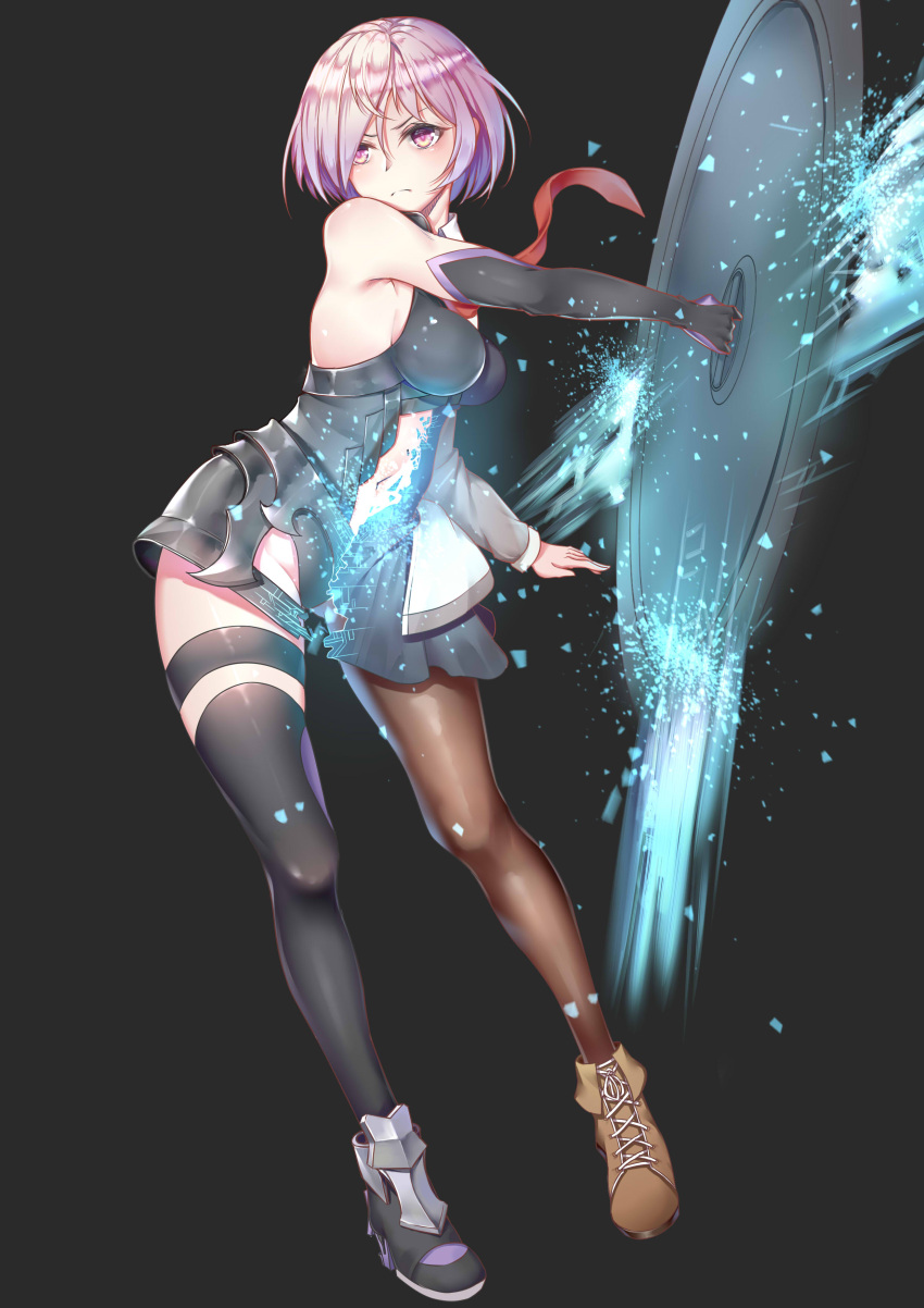 >:(, 1girl, absurdres, armored_leotard, asymmetrical_legwear, bangs, bare_shoulders, black_footwear