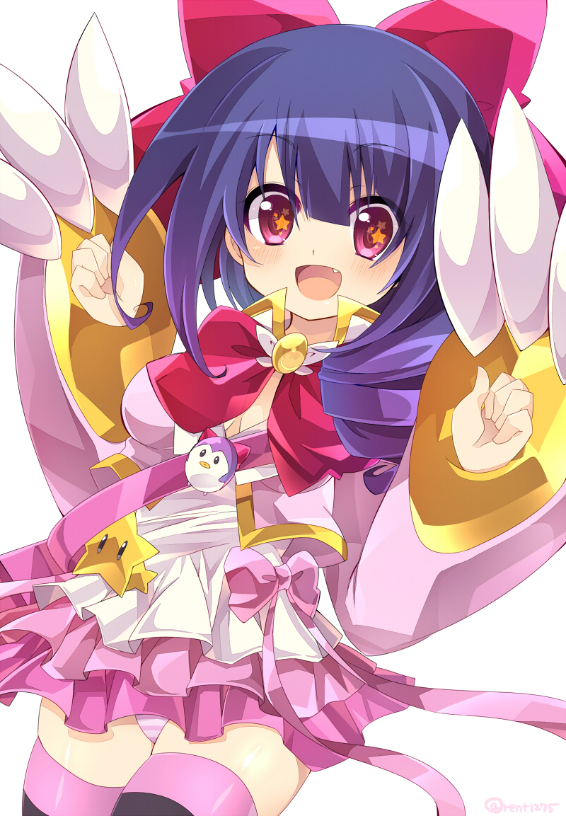 +_+, 1girl, :d, bird, black_legwear, blue_hair, blush, bow