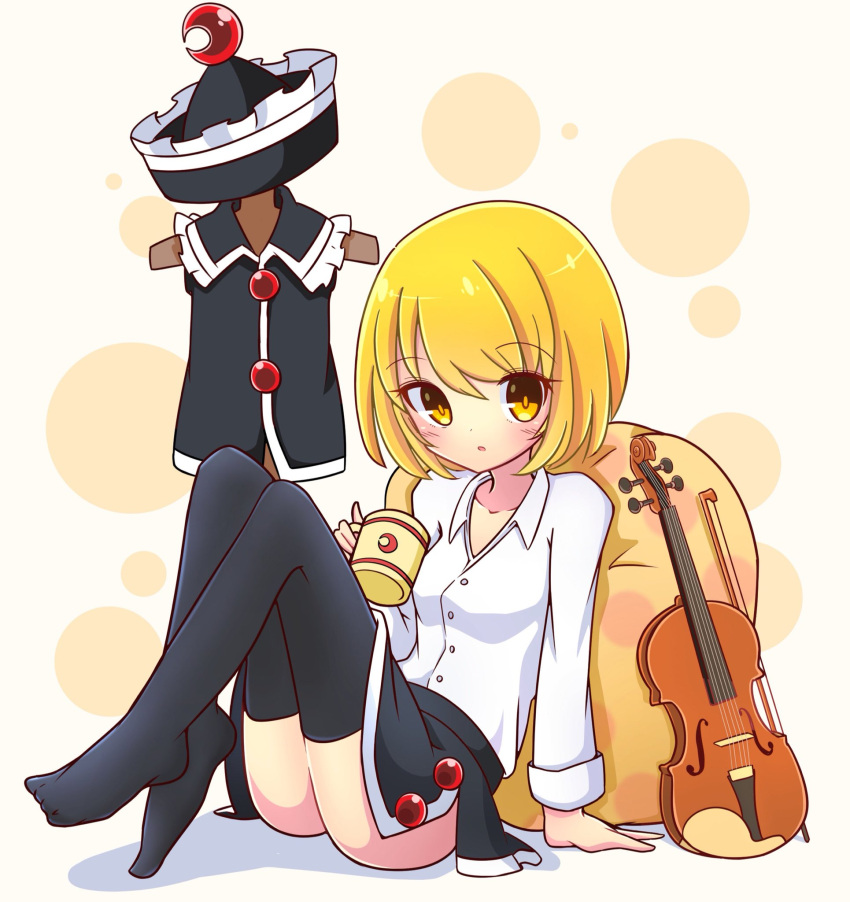 1girl, bangs, black_legwear, blonde_hair, blush, buttons, collared_shirt, commentary_request