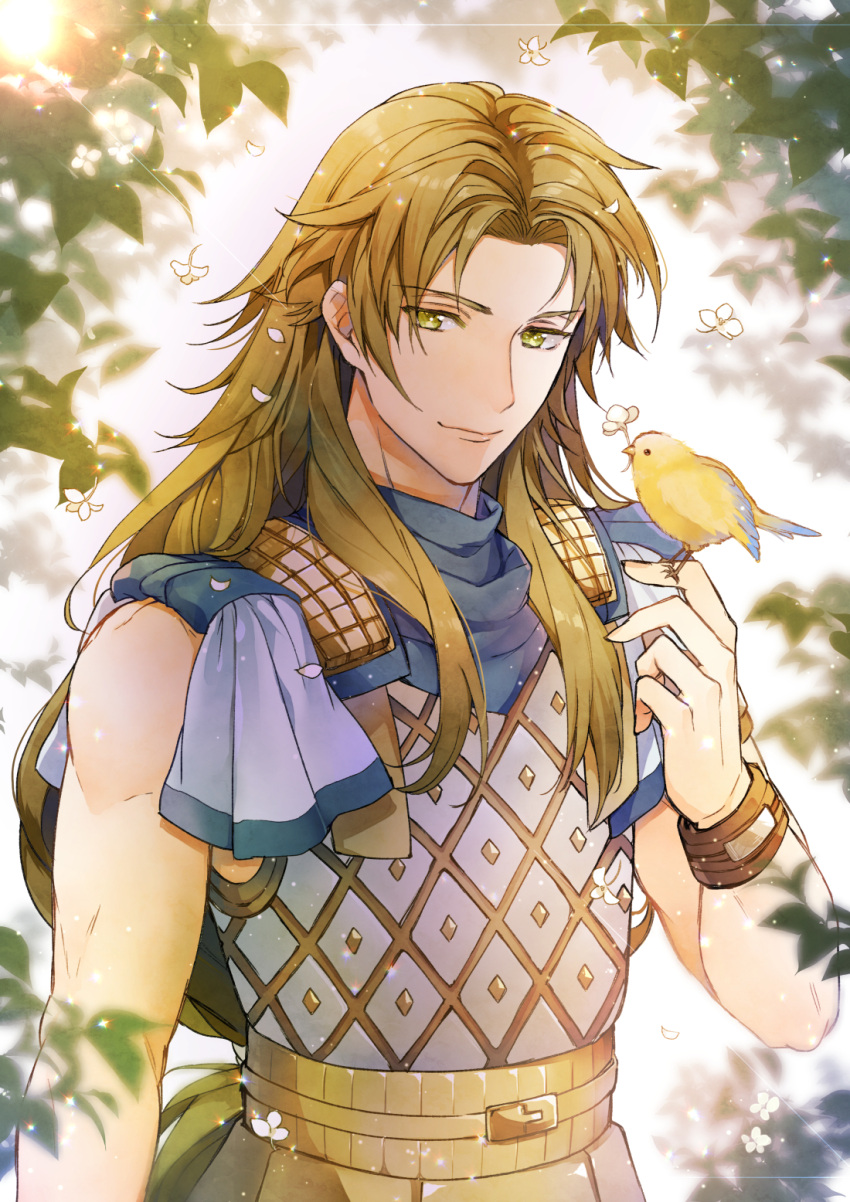 1boy, bird, bird_on_hand, bracelet, brown_hair, chiron_(fate), day, eyebrows_visible_through_hair