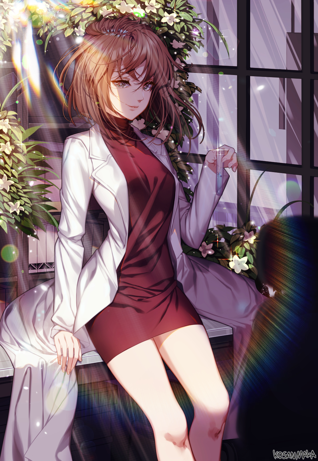 1girl, arm_support, artist_name, brown_eyes, brown_hair, dress, floating_hair, hair_between_eyes