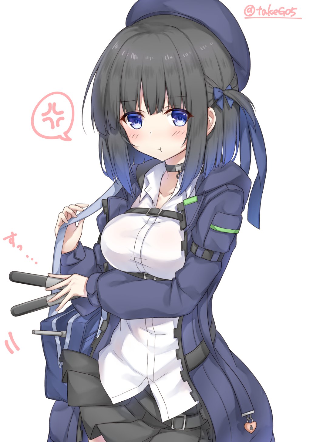 1girl, acasta_(azur_lane), azur_lane, bag, belt, beret, black_hair, blue_eyes