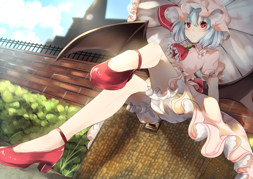 1girl, basket, bat_wings, bloomers, blue_hair, bush, clouds, dress
