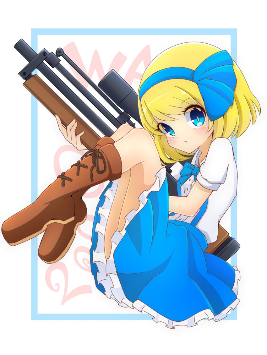 1girl, alice_margatroid, alice_margatroid_(pc-98), bangs, blonde_hair, blue_bow, blue_eyes, blue_neckwear, blue_skirt, blush, boots, bow, bowtie, brown_footwear, bullpup, buttons, collared_shirt, commentary_request, eyebrows_visible_through_hair, full_body, gun, hair_bow, highres, holding, holding_gun, holding_weapon, inon, looking_at_viewer, rifle, shirt, short_hair, short_sleeves, skirt, sniper_rifle, solo, suspender_skirt, suspenders, touhou, touhou_(pc-98), walther, walther_wa_2000, weapon, white_shirt