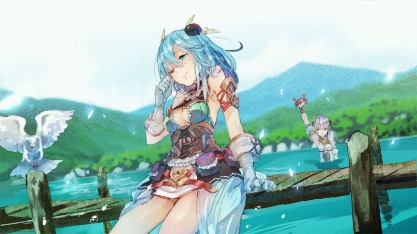 2girls, atelier_(series), atelier_sophie, blue_eyes, blue_hair, breasts, capelet, cleavage