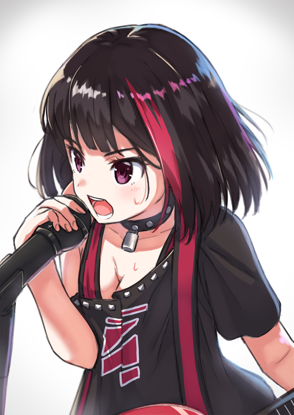 1girl, bang_dream!, bangs, black_collar, black_hair, black_shirt, blush, bob_cut