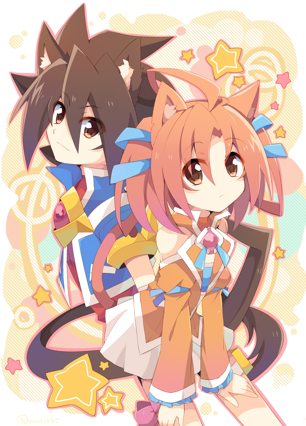 1boy, 1girl, ahoge, animal_ears, bare_shoulders, blue_background, blue_jacket, blue_ribbon