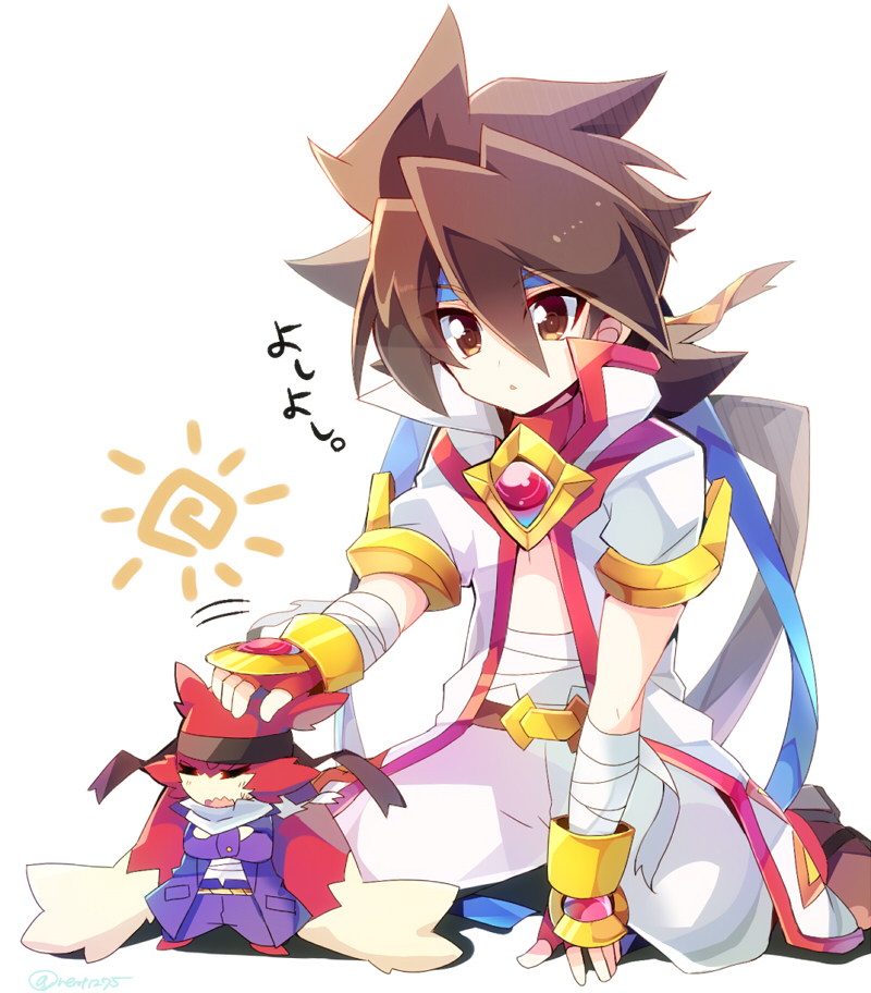 2boys, bandage, bandaged_arm, blue_headband, blue_ribbon, blush, brown_eyes, brown_footwear