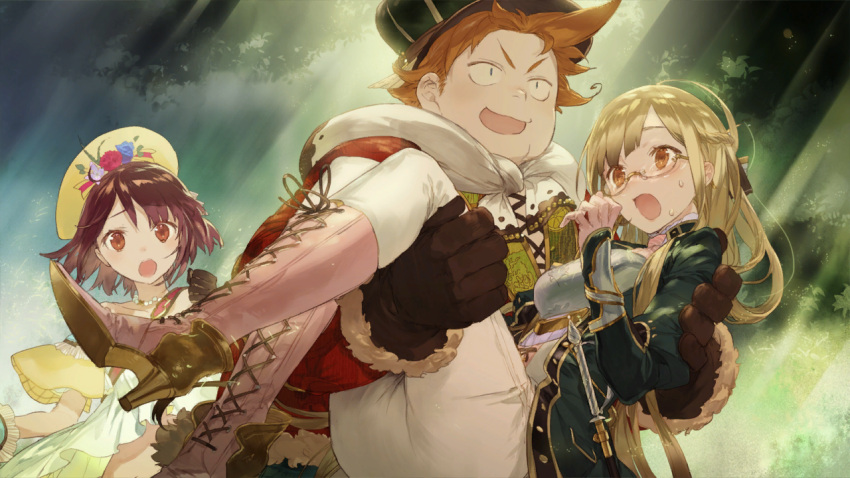 1boy, 2girls, atelier_(series), atelier_sophie, blonde_hair, blush, boots, brown_eyes