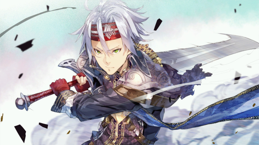 1boy, atelier_(series), atelier_sophie, earrings, game_cg, gloves, greatsword, green_eyes, grey_hair, headband, jewelry, julio_sebal_leidenschaft, male_focus, noco_(adamas), official_art, solo, sword, weapon