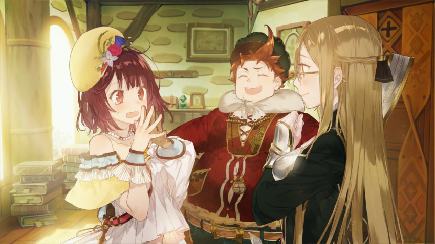 1boy, 2girls, atelier_(series), atelier_sophie, blonde_hair, blush, breasts, brown_eyes