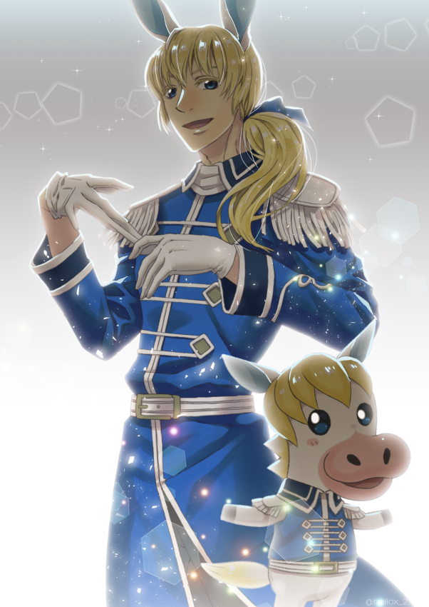 1boy, animal_ears, ansoni_(doubutsu_no_mori), artist_name, blonde_hair, blue_eyes, doubutsu_no_mori, epaulettes, gloves, grey_background, horse, horse_ears, horse_tail, long_hair, low_ponytail, male_focus, open_mouth, personification, solo, sparkle, tail, tsutsuji_(hello_x_2)