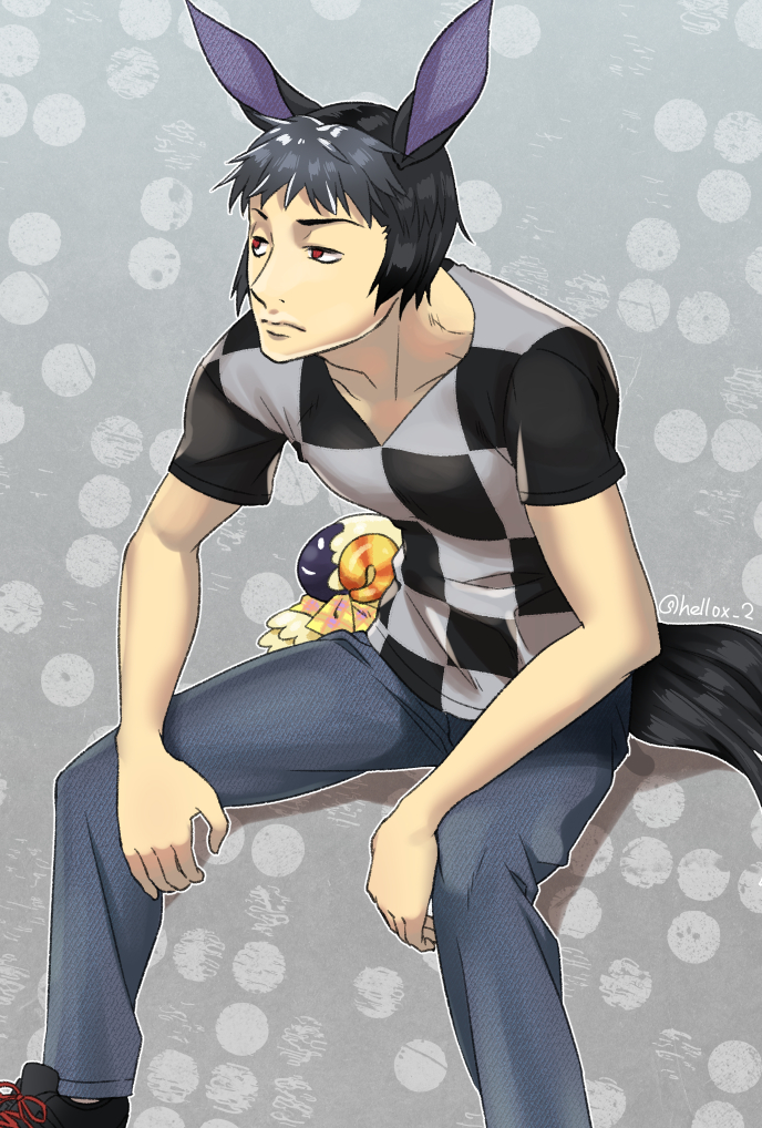 1boy, 1girl, animal_ears, artist_name, black_hair, doubutsu_no_mori, grey_hair, horns