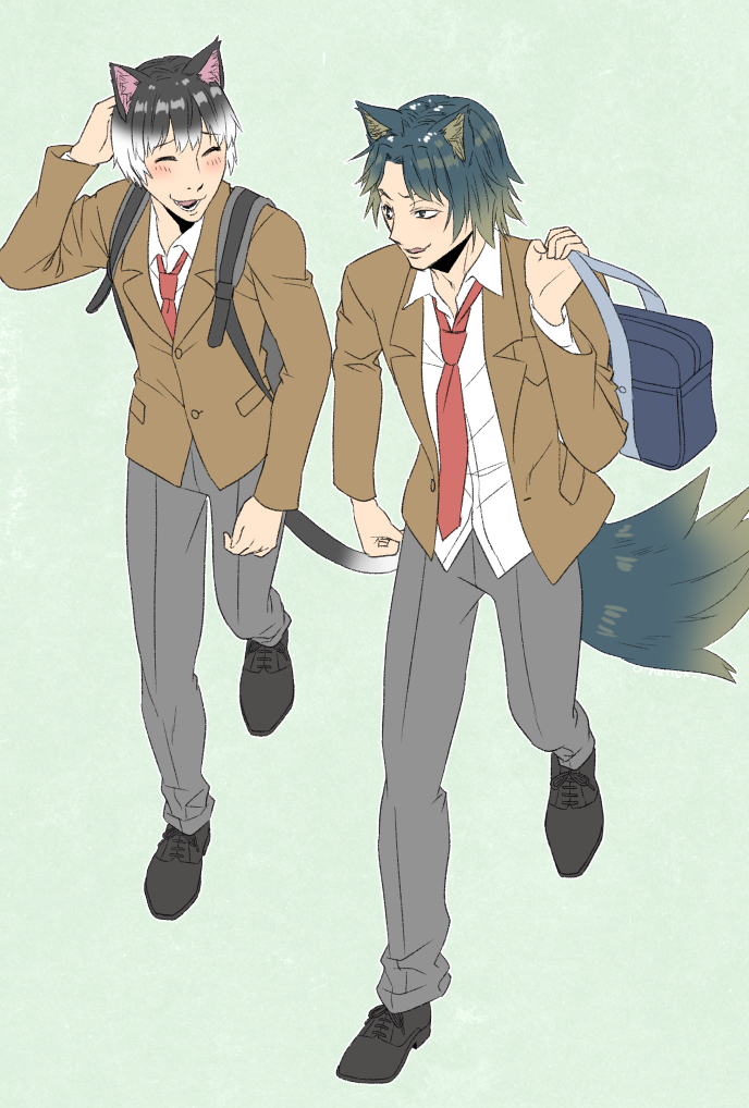 2boys, animal_ears, artist_name, bag, binta_(doubutsu_no_mori), black_hair, blonde_hair, blue_hair