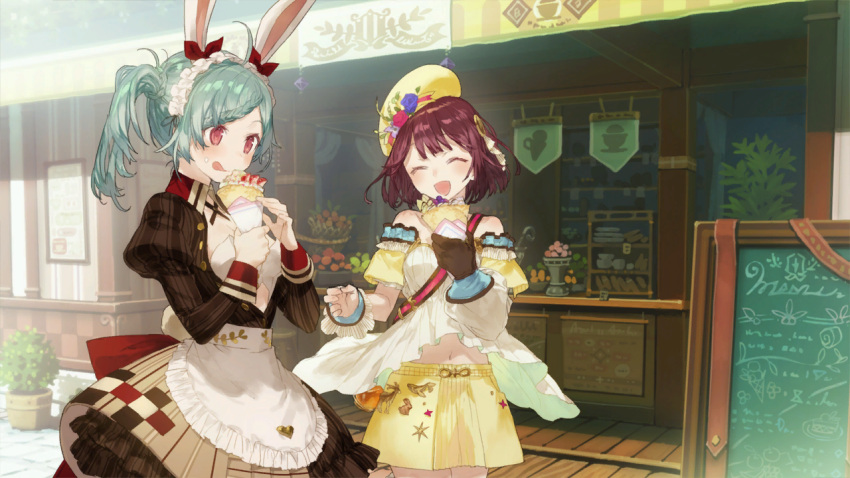 2girls, animal_ears, apron, atelier_(series), atelier_sophie, bare_shoulders, blue_hair, blush