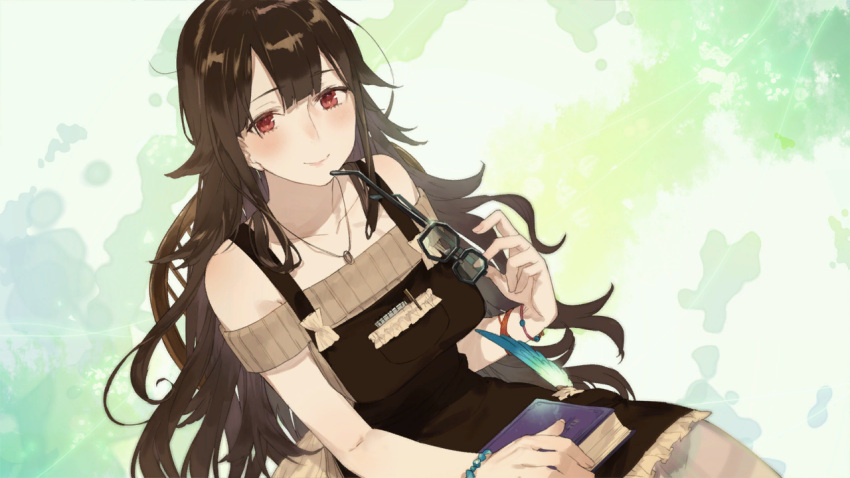 1girl, atelier_(series), atelier_sophie, black_hair, blush, brown_hair, elise_phulie, eyewear_removed