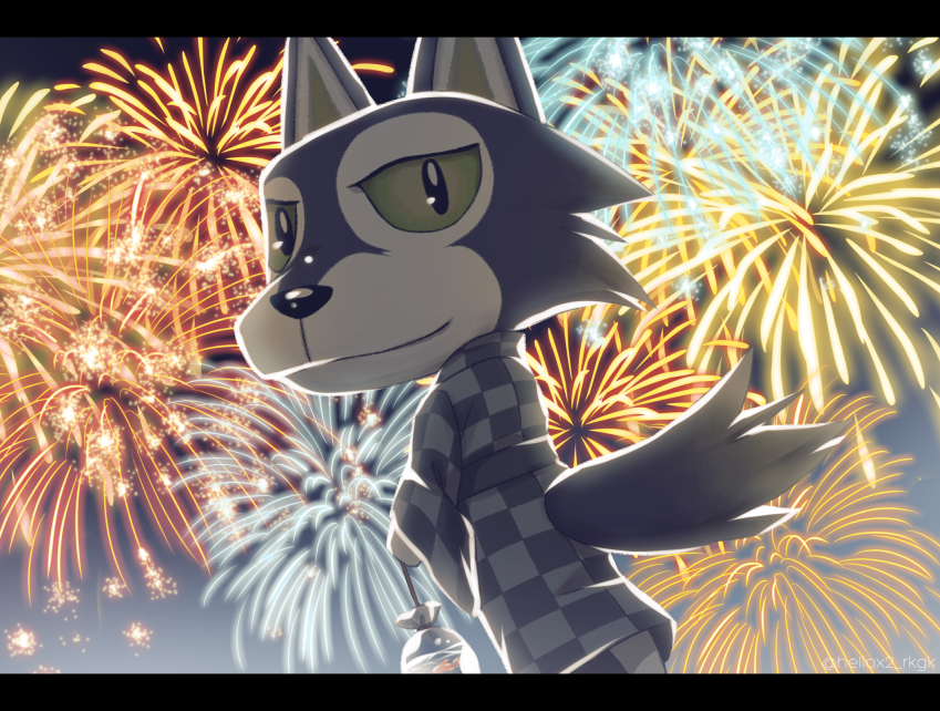1boy, animal_ears, artist_name, bunjirou_(doubutsu_no_mori), doubutsu_no_mori, fireworks, fish, japanese_clothes, kimono, sky, solo, tail, tsutsuji_(hello_x_2), wolf, wolf_ears, wolf_tail