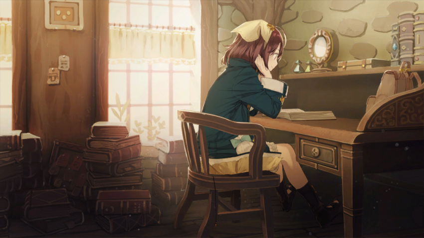 1girl, atelier_(series), atelier_sophie, book, brown_eyes, brown_hair, desk, game_cg