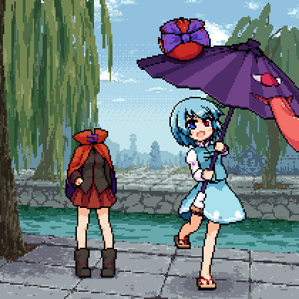 2girls, animated, animated_gif, black_shirt, blue_bow, blue_eyes, blue_hair, blue_skirt, blue_vest, bow, cape, commentary, disembodied_head, geta, hair_bow, heterochromia, holding, holding_umbrella, isu_(is88), juliet_sleeves, karakasa_obake, long_sleeves, lowres, miniskirt, multiple_girls, no_socks, open_mouth, outdoors, pixel_art, puffy_sleeves, red_cape, red_eyes, red_skirt, redhead, river, sekibanki, shirt, short_hair, skirt, tatara_kogasa, thighs, tongue, touhou, tree, umbrella, vest, white_shirt, willow